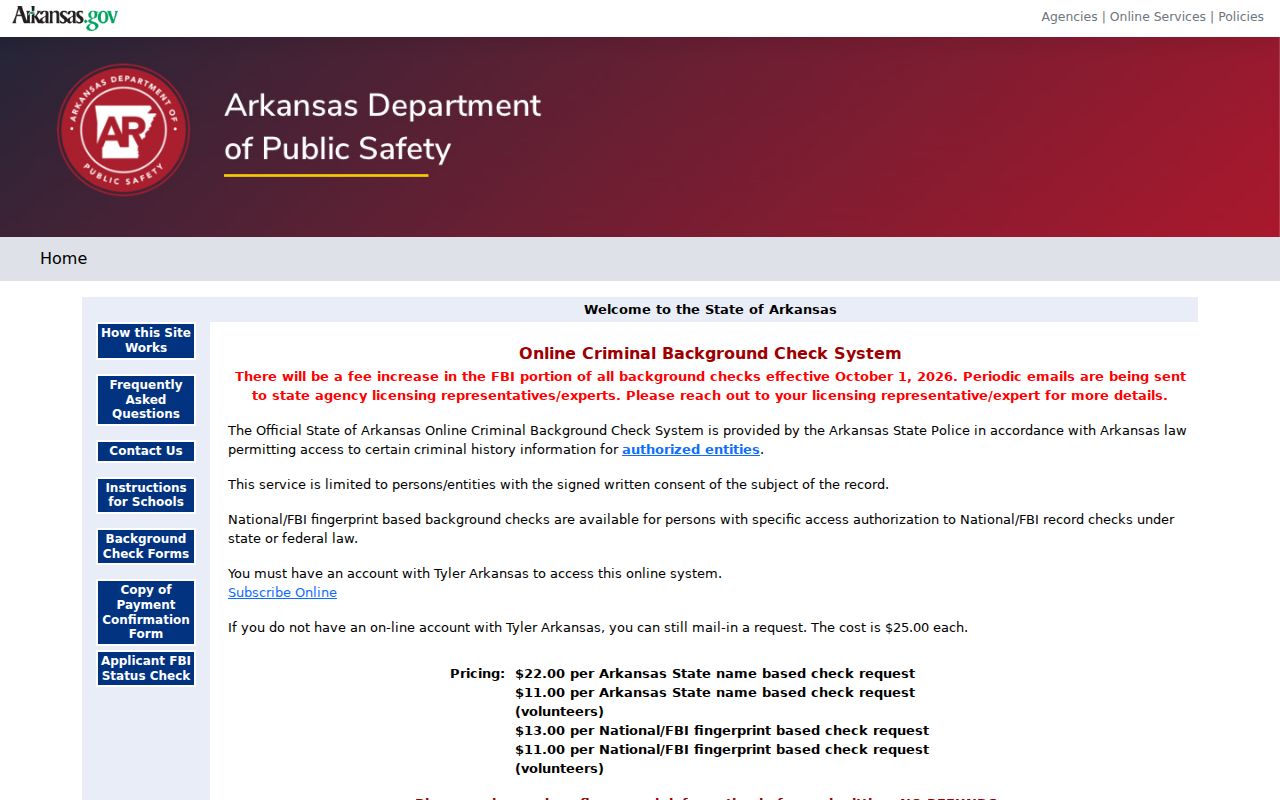 Poinsett County criminal history access through the Arkansas official check system